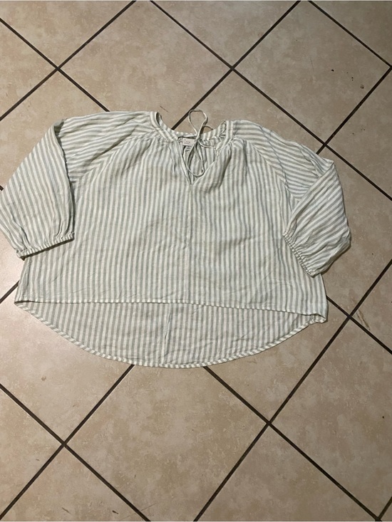 A.New Day Tops - Striped Light Sage Peasant Tunic with Tie Neck